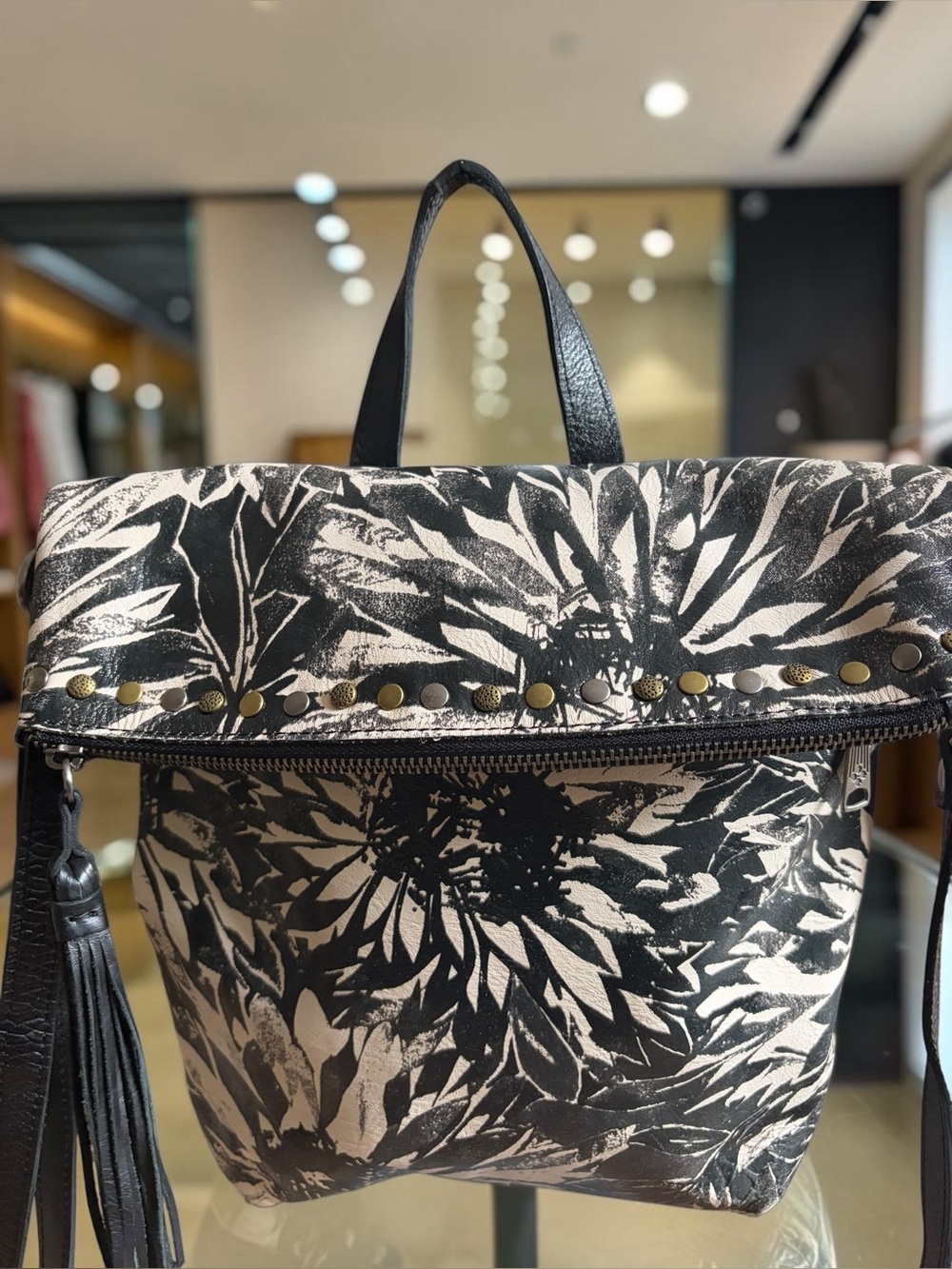 Patricia Nash Black and White Floral Fold-Over Tote with Tassel